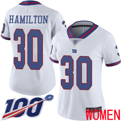 Women New York Giants #30 Antonio Hamilton Limited White Rush Vapor Untouchable 100th Season Football NFL Jersey->women nfl jersey->Women Jersey
